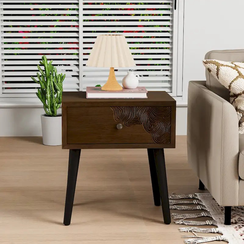 Table d'appoint cosy style milieu du siècle, à 4 pieds et tiroirs, motif nid d'abeille