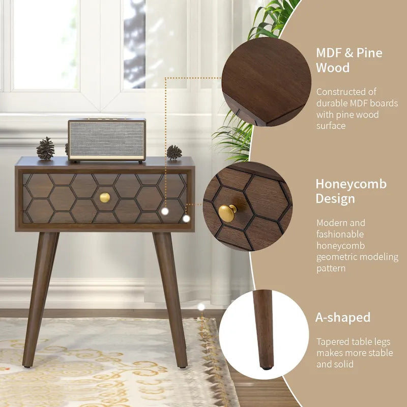 Table d'appoint cosy style milieu du siècle, à 4 pieds et tiroirs, motif nid d'abeille