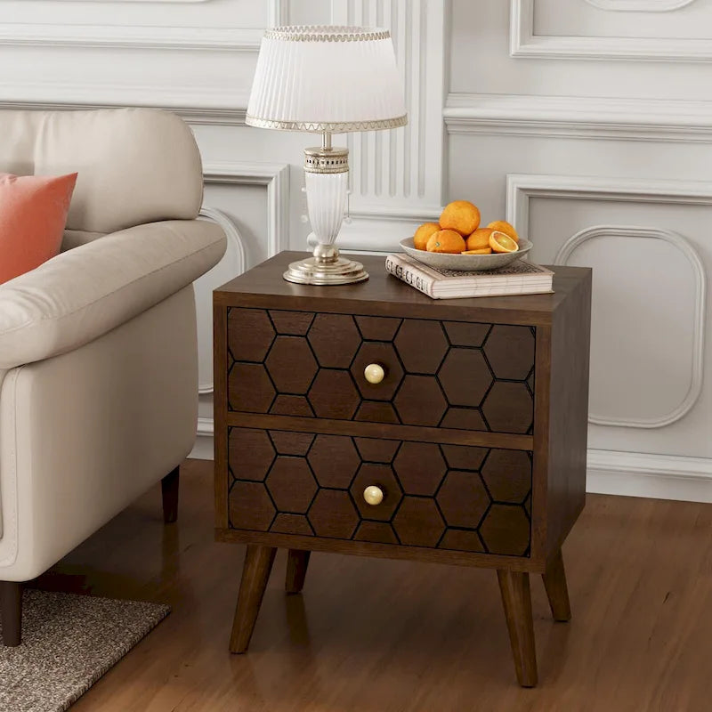 Table d'appoint cosy style milieu du siècle, à 4 pieds et tiroirs, motif nid d'abeille