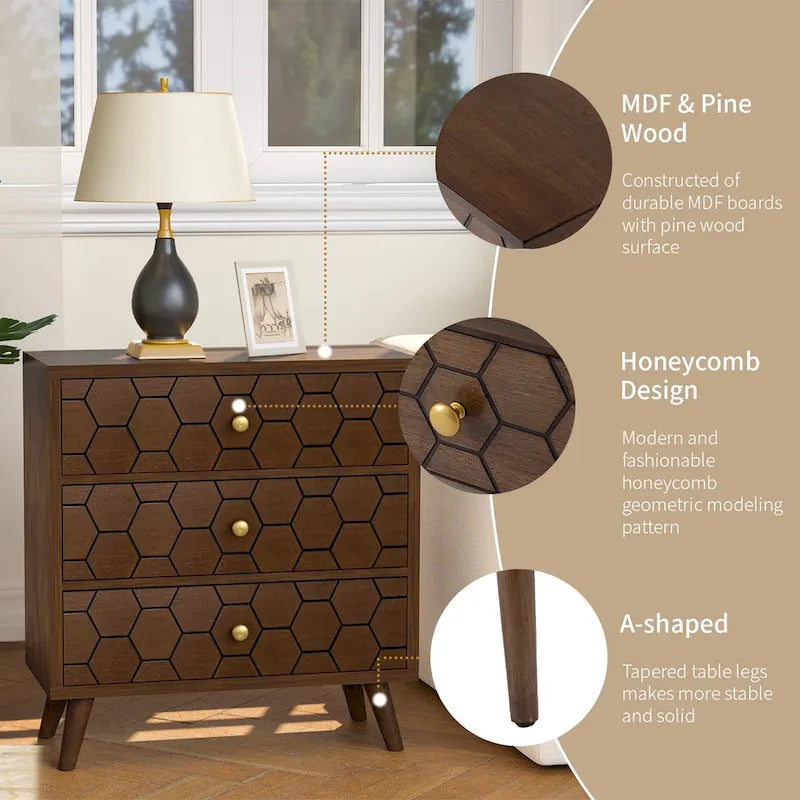 Table d'appoint cosy style milieu du siècle, à 4 pieds et tiroirs, motif nid d'abeille