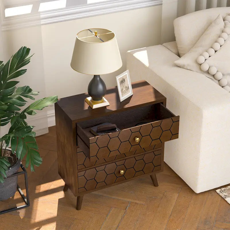 Table d'appoint cosy style milieu du siècle, à 4 pieds et tiroirs, motif nid d'abeille