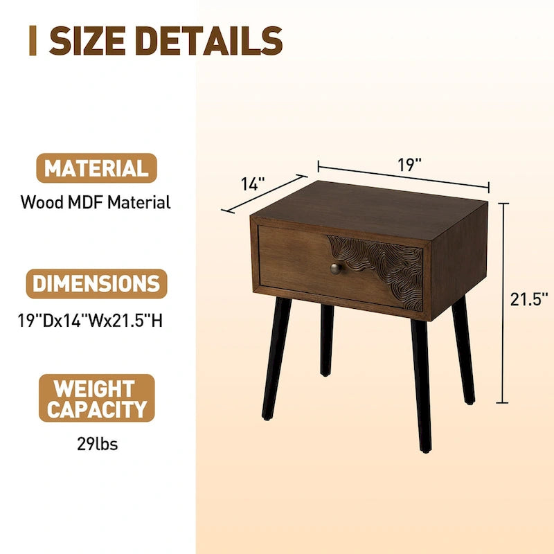 Table d'appoint cosy style milieu du siècle, à 4 pieds et tiroirs, motif nid d'abeille