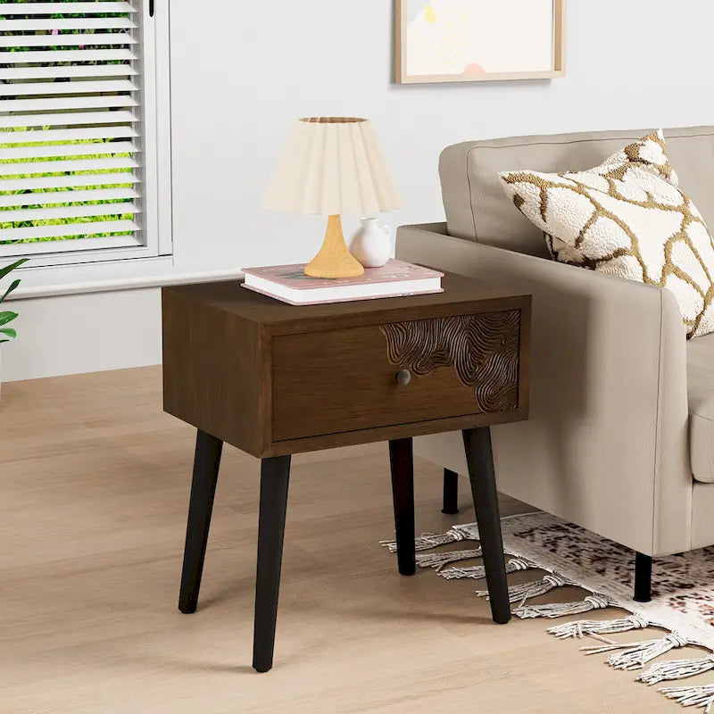 Table d'appoint cosy style milieu du siècle, à 4 pieds et tiroirs, motif nid d'abeille