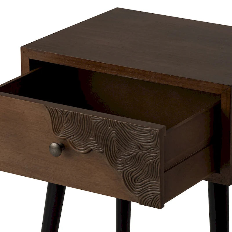 Table d'appoint cosy style milieu du siècle, à 4 pieds et tiroirs, motif nid d'abeille