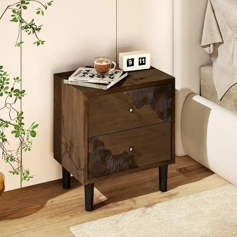 Table d'appoint cosy style milieu du siècle, à 4 pieds et tiroirs, motif nid d'abeille