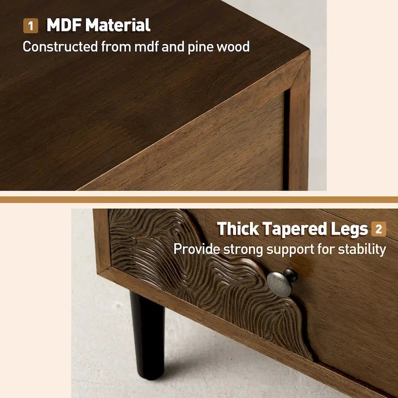 Table d'appoint cosy style milieu du siècle, à 4 pieds et tiroirs, motif nid d'abeille