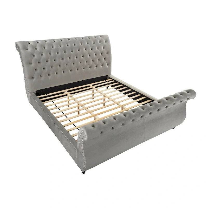 Lit traîneau capitonné en velours gris Evora de Roundhill Furniture