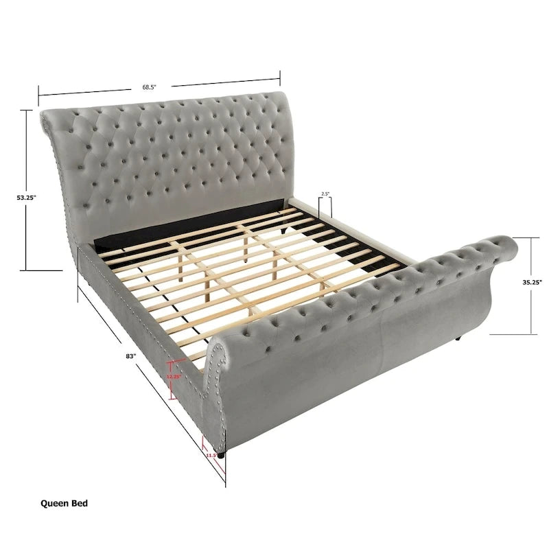 Lit traîneau capitonné en velours gris Evora de Roundhill Furniture
