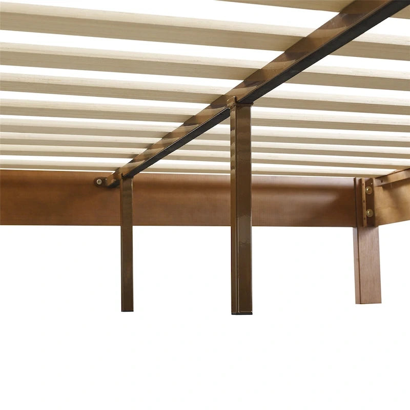 MUSEHOMEINC Cadre de lit plateforme de luxe en bois, sommier non requis, lit plateforme moderne en pin massif riveté, finition expresso antique