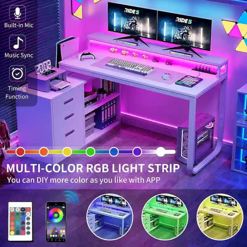 Bureau d'angle gaming en L de 55 pouces avec prises électriques et éclairage LED, avec caisson de rangement et support pour écran.