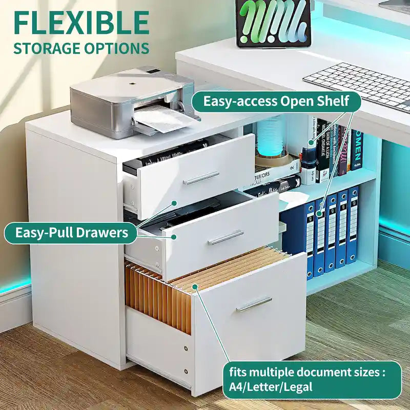 Bureau d'angle gaming en L de 55 pouces avec prises électriques et éclairage LED, avec caisson de rangement et support pour écran.