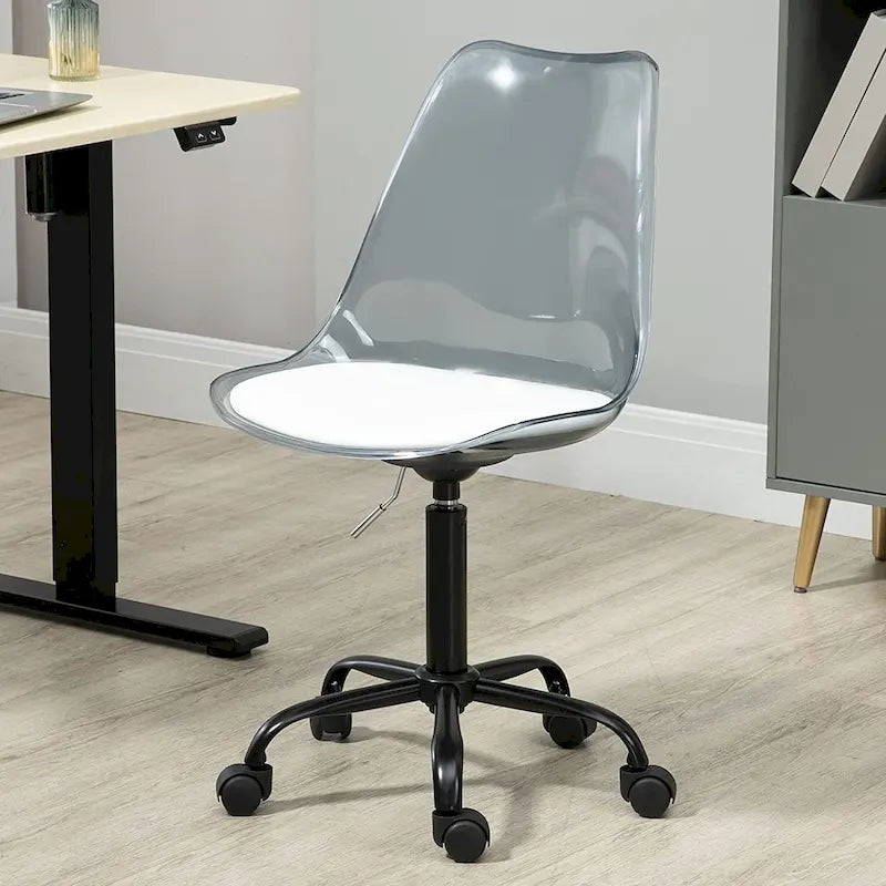Chaise de bureau à roulettes pivotante en acrylique, sans accoudoirs et réglable en hauteur