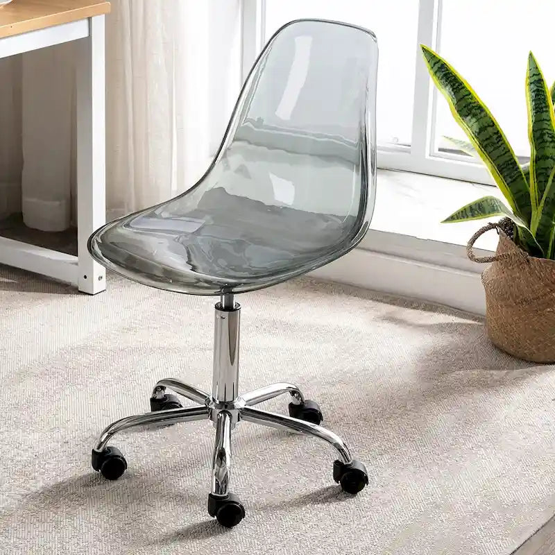 Chaise de bureau à roulettes pivotante en acrylique, sans accoudoirs et réglable en hauteur