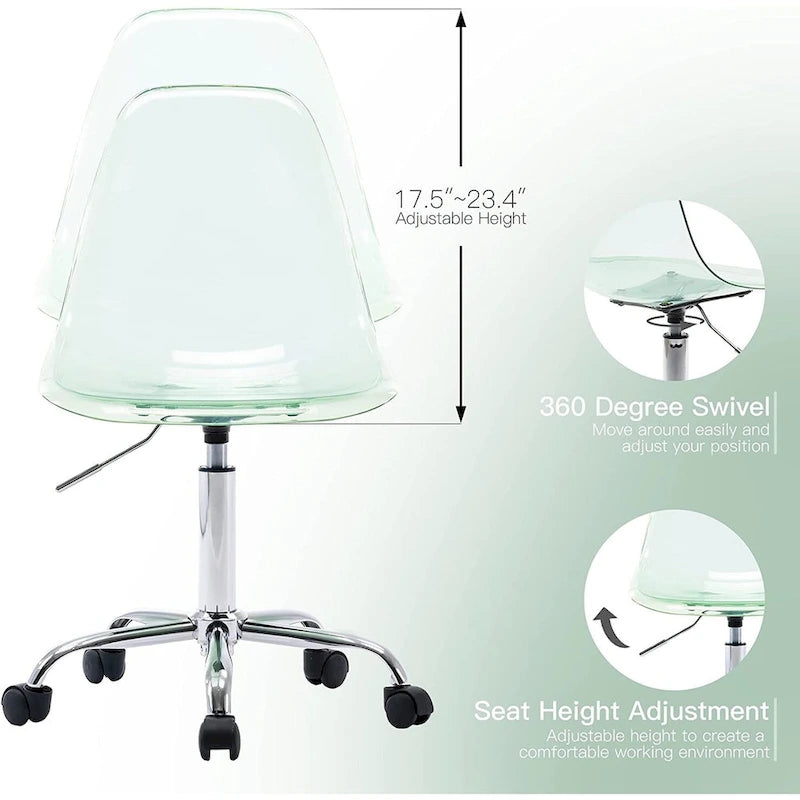 Chaise de bureau à roulettes pivotante en acrylique, sans accoudoirs et réglable en hauteur