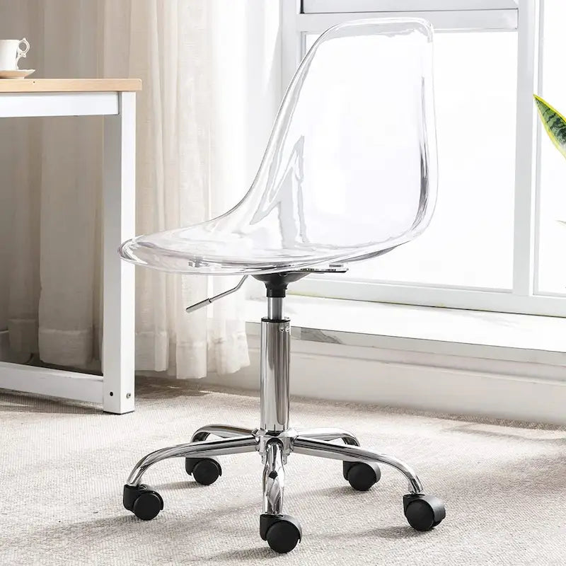 Chaise de bureau à roulettes pivotante en acrylique, sans accoudoirs et réglable en hauteur