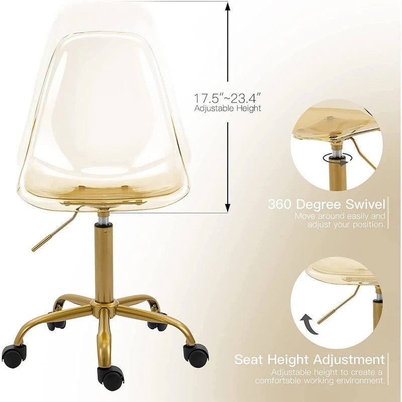 Chaise de bureau à roulettes pivotante en acrylique, sans accoudoirs et réglable en hauteur