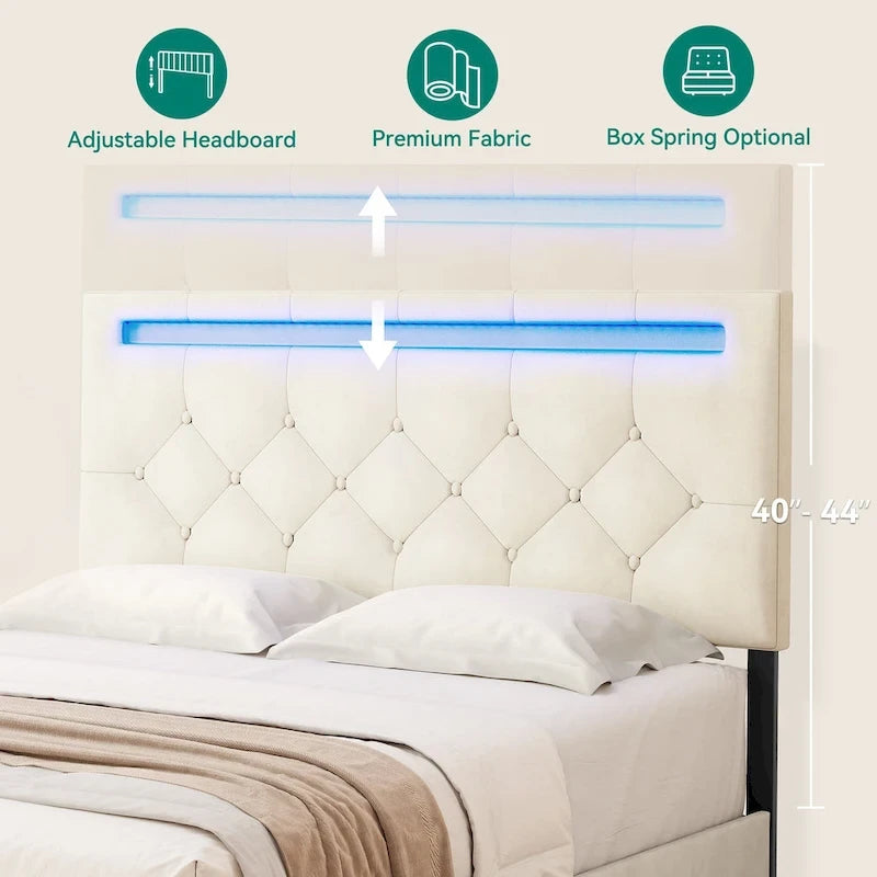 Lit plateforme Queen avec tête de lit rembourrée réglable et 4 tiroirs de rangement