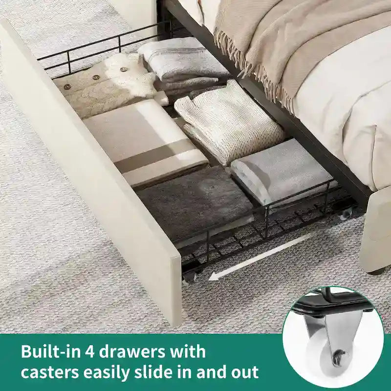 Lit plateforme Queen avec tête de lit rembourrée réglable et 4 tiroirs de rangement