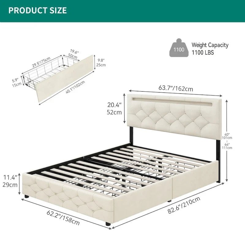Lit plateforme Queen avec tête de lit rembourrée réglable et 4 tiroirs de rangement