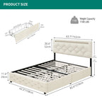 Lit plateforme Queen avec tête de lit rembourrée réglable et 4 tiroirs de rangement