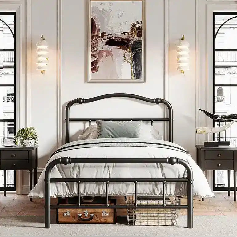 Heavy-Duty Anti-Wobble 14 Inch Bed Frame With Wavy Art Headboard, No Needed Box Spring