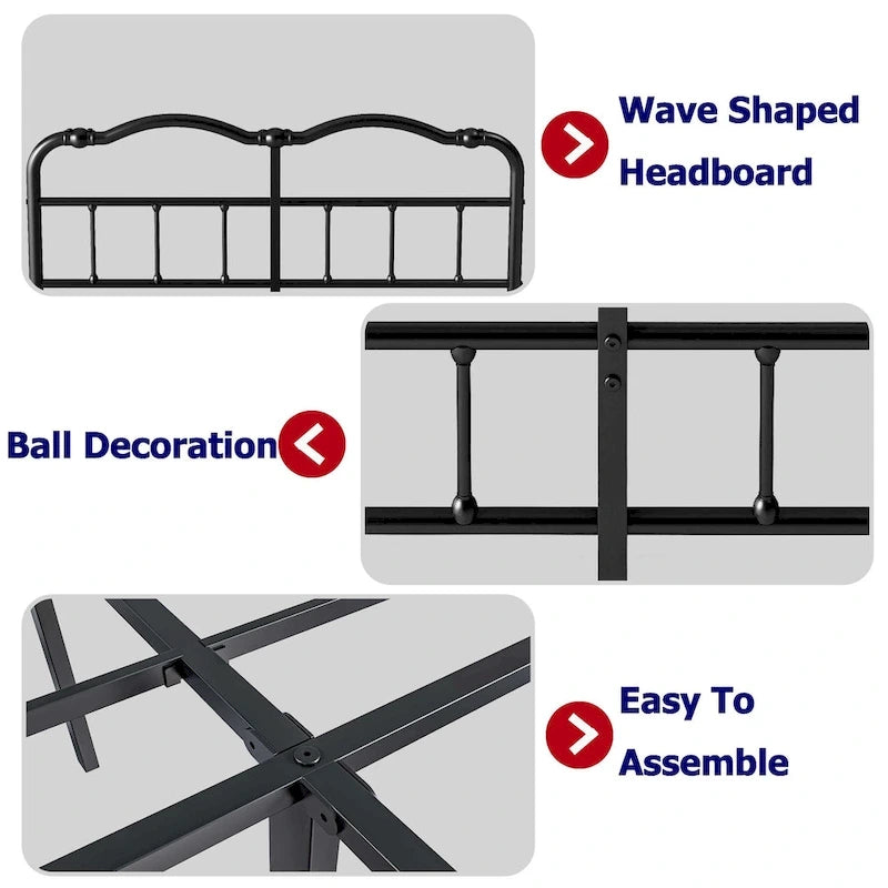 Cadre de lit robuste et stable de 35,5 cm (14 pouces) avec tête de lit à motif ondulé, sans sommier.