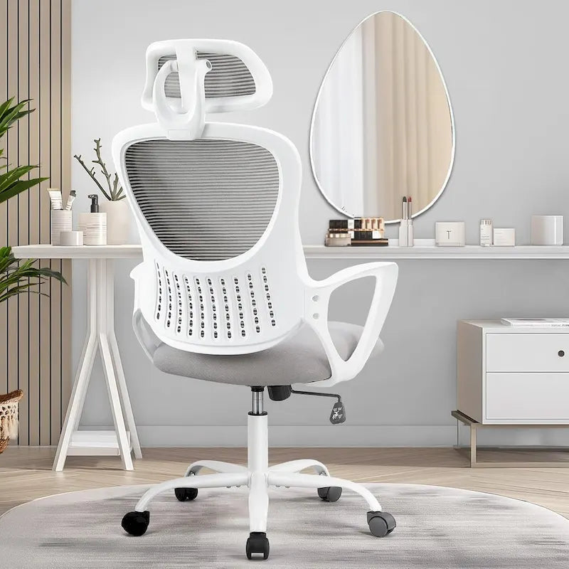 Chaise de bureau ergonomique, chaise de bureau confortable en maille avec dossier haut, accoudoirs fixes et appui-tête réglable, chaise pivotante à roulettes