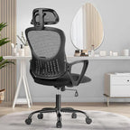 Chaise de bureau ergonomique, chaise de bureau confortable en maille avec dossier haut, accoudoirs fixes et appui-tête réglable, chaise pivotante à roulettes
