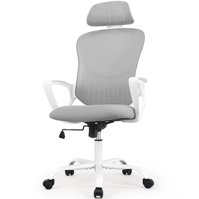 Chaise de bureau ergonomique, chaise de bureau confortable en maille avec dossier haut, accoudoirs fixes et appui-tête réglable, chaise pivotante à roulettes