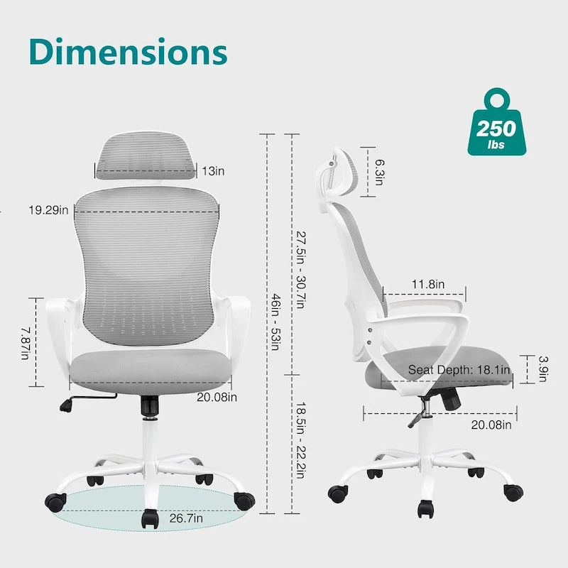 Chaise de bureau ergonomique, chaise de bureau confortable en maille avec dossier haut, accoudoirs fixes et appui-tête réglable, chaise pivotante à roulettes