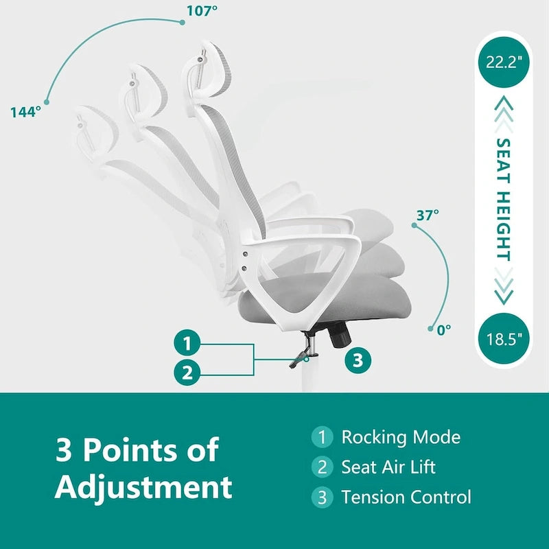 Chaise de bureau ergonomique, chaise de bureau confortable en maille avec dossier haut, accoudoirs fixes et appui-tête réglable, chaise pivotante à roulettes