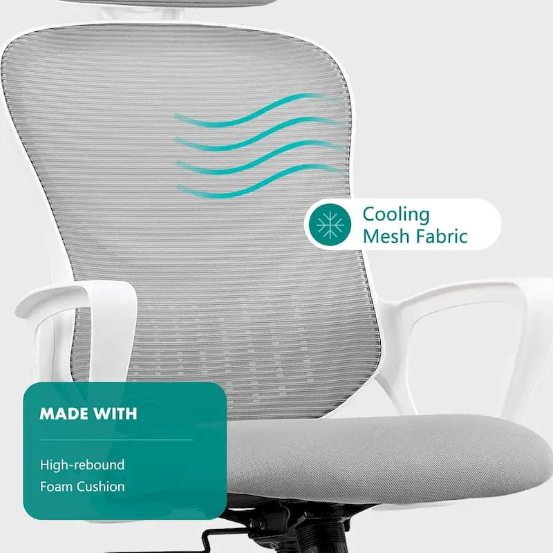 Chaise de bureau ergonomique, chaise de bureau confortable en maille avec dossier haut, accoudoirs fixes et appui-tête réglable, chaise pivotante à roulettes