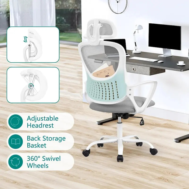 Chaise de bureau ergonomique, chaise de bureau confortable en maille avec dossier haut, accoudoirs fixes et appui-tête réglable, chaise pivotante à roulettes