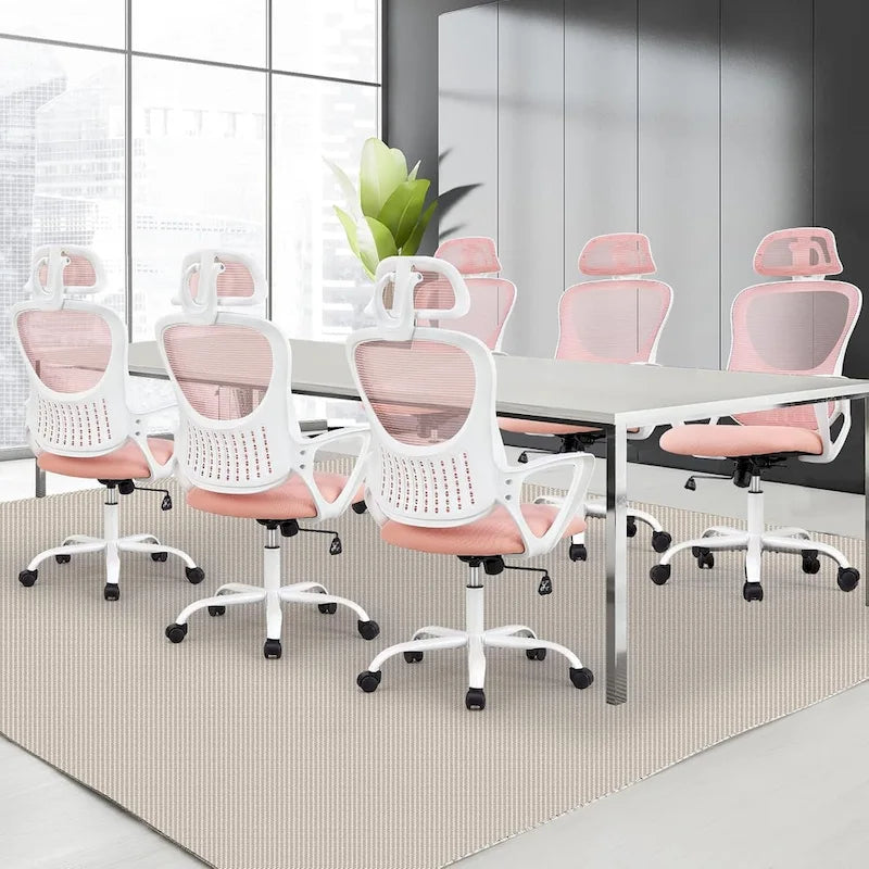 Chaise de bureau ergonomique, chaise de bureau confortable en maille avec dossier haut, accoudoirs fixes et appui-tête réglable, chaise pivotante à roulettes
