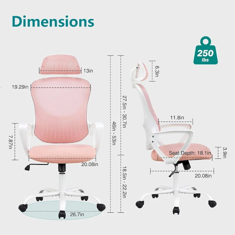 Chaise de bureau ergonomique, chaise de bureau confortable en maille avec dossier haut, accoudoirs fixes et appui-tête réglable, chaise pivotante à roulettes