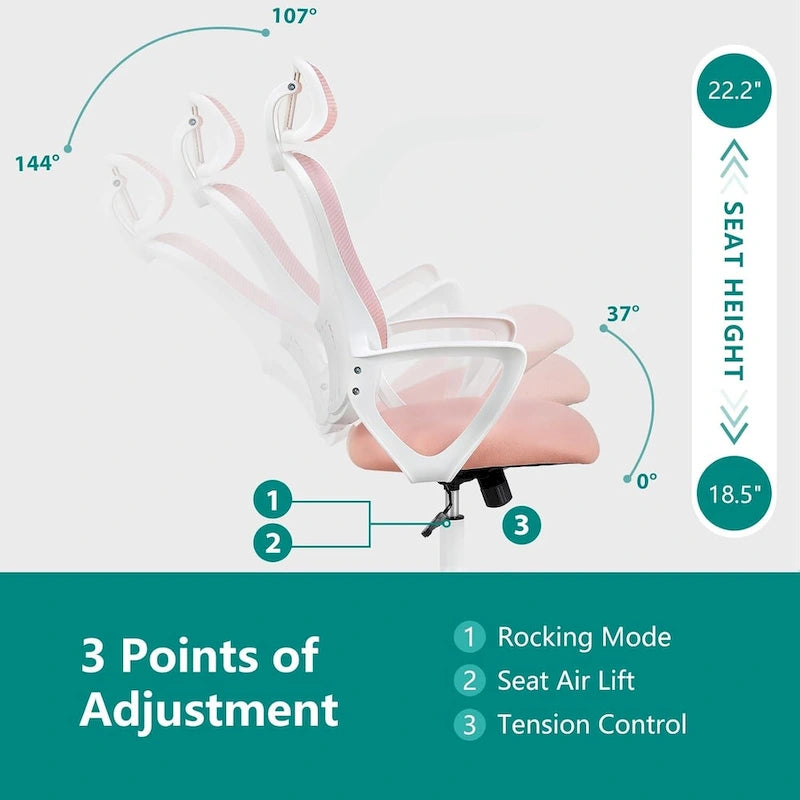 Chaise de bureau ergonomique, chaise de bureau confortable en maille avec dossier haut, accoudoirs fixes et appui-tête réglable, chaise pivotante à roulettes