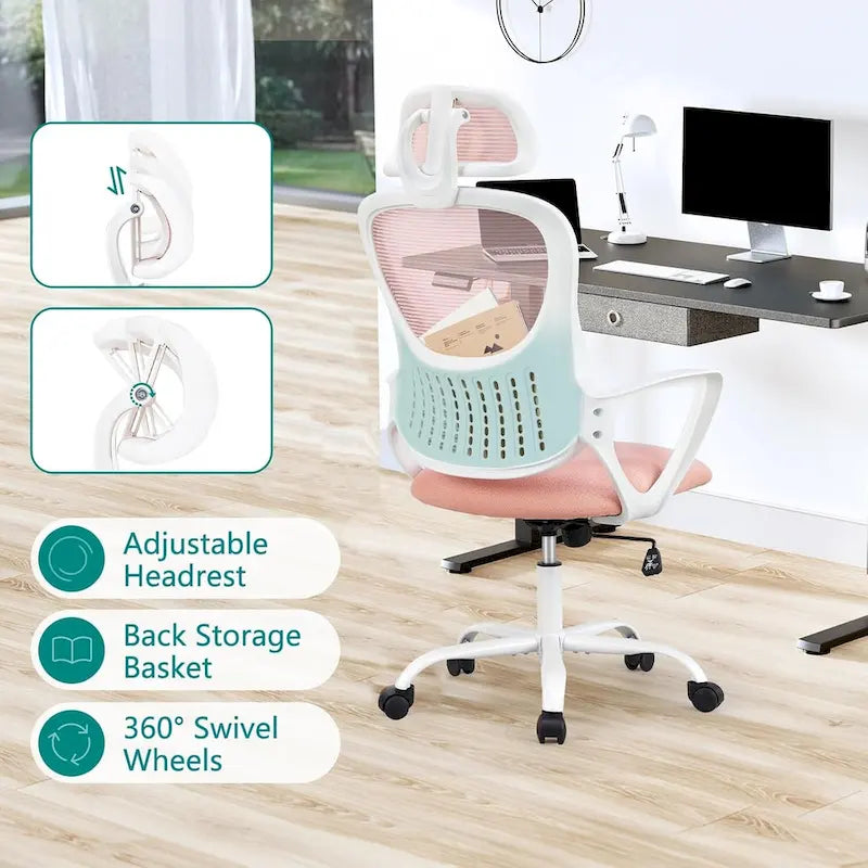 Chaise de bureau ergonomique, chaise de bureau confortable en maille avec dossier haut, accoudoirs fixes et appui-tête réglable, chaise pivotante à roulettes