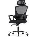 Chaise de bureau ergonomique, chaise de bureau confortable en maille avec dossier haut, accoudoirs fixes et appui-tête réglable, chaise pivotante à roulettes