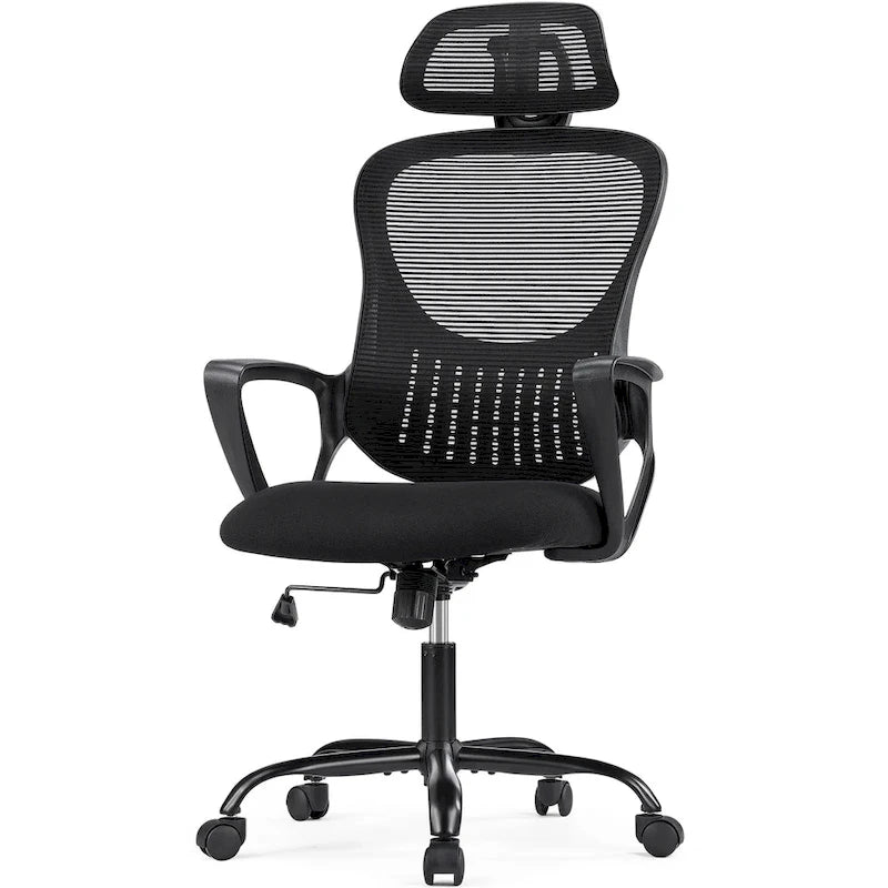 Chaise de bureau ergonomique, chaise de bureau confortable en maille avec dossier haut, accoudoirs fixes et appui-tête réglable, chaise pivotante à roulettes