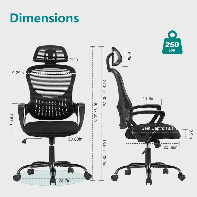 Chaise de bureau ergonomique, chaise de bureau confortable en maille avec dossier haut, accoudoirs fixes et appui-tête réglable, chaise pivotante à roulettes