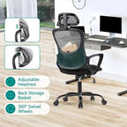 Chaise de bureau ergonomique, chaise de bureau confortable en maille avec dossier haut, accoudoirs fixes et appui-tête réglable, chaise pivotante à roulettes