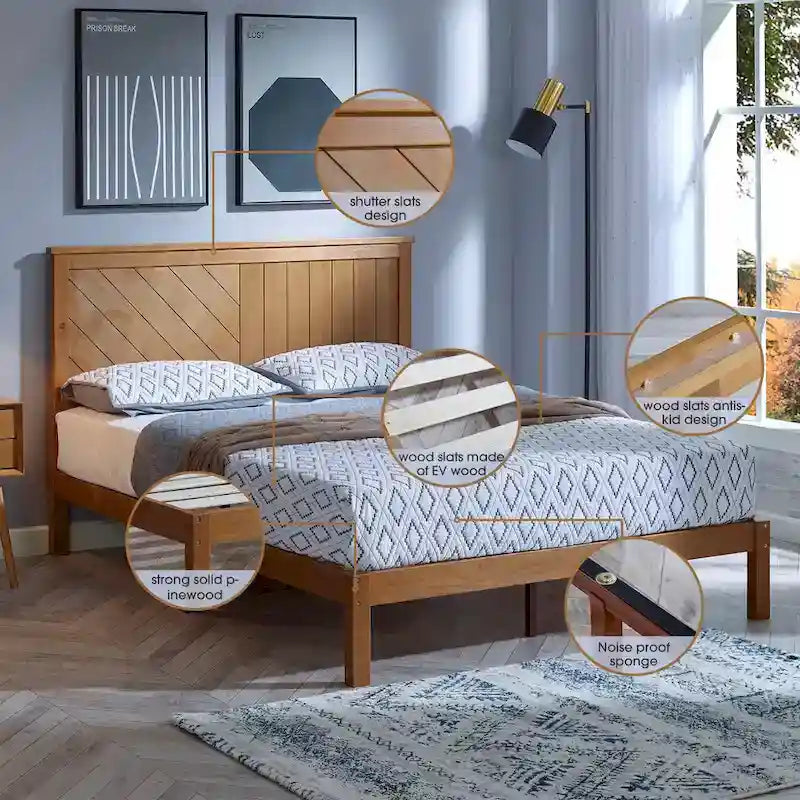 Lit plateforme en bois massif MUSEHOMEINC avec tête de lit pour chambre à coucher, support à lattes en bois, aucun sommier requis.