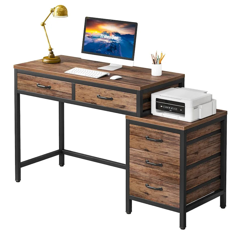 Bureau d'ordinateur à 5 tiroirs, bureau d'étude avec caisson de rangement réversible pour bureau à domicile