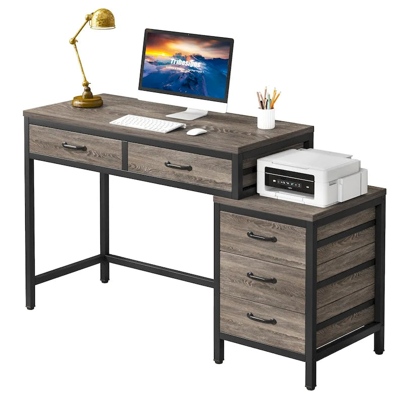 Bureau d'ordinateur à 5 tiroirs, bureau d'étude avec caisson de rangement réversible pour bureau à domicile