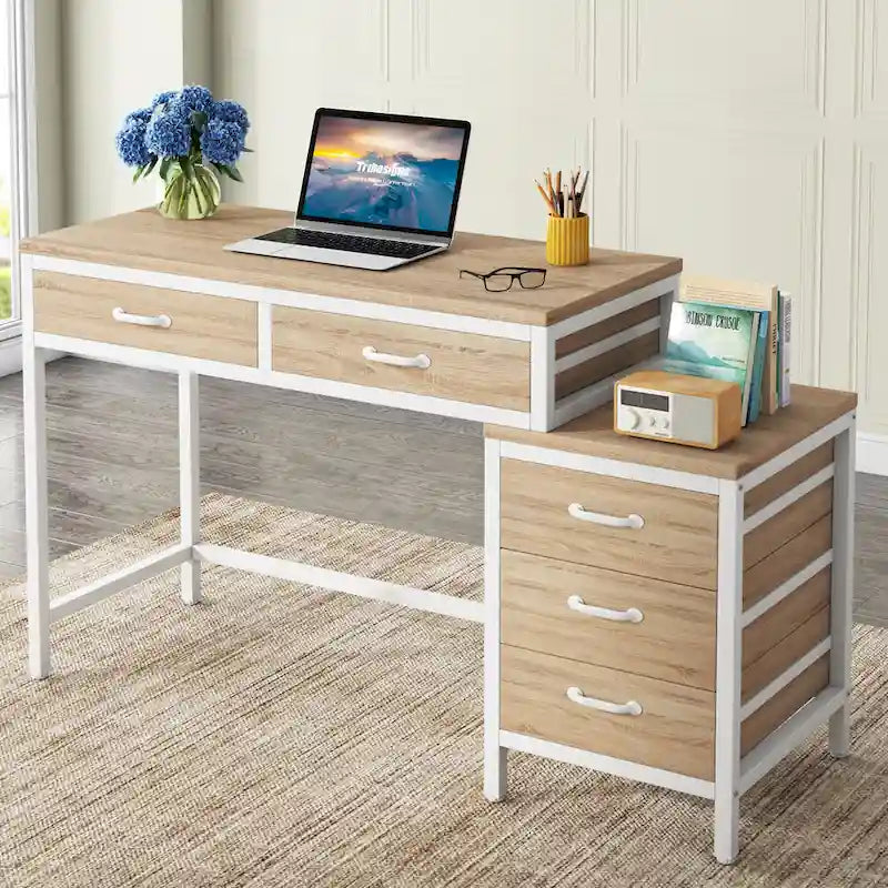 Bureau d'ordinateur à 5 tiroirs, bureau d'étude avec caisson de rangement réversible pour bureau à domicile