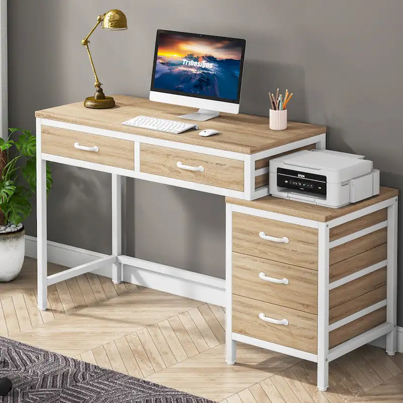 Bureau d'ordinateur à 5 tiroirs, bureau d'étude avec caisson de rangement réversible pour bureau à domicile