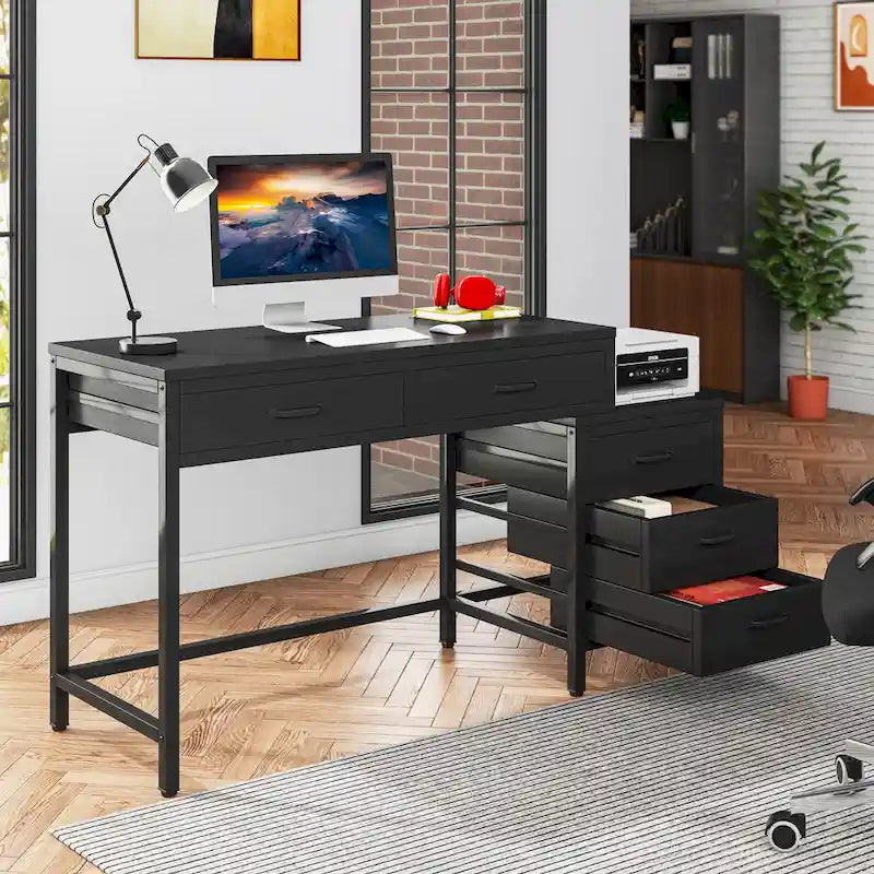 Bureau d'ordinateur à 5 tiroirs, bureau d'étude avec caisson de rangement réversible pour bureau à domicile