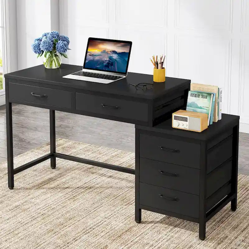 Bureau d'ordinateur à 5 tiroirs, bureau d'étude avec caisson de rangement réversible pour bureau à domicile