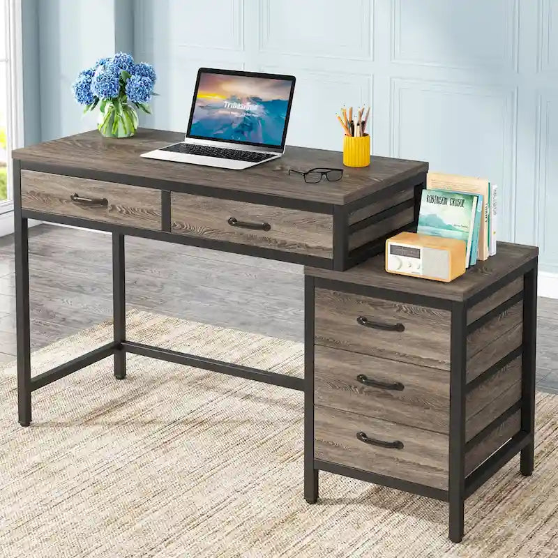 Bureau d'ordinateur à 5 tiroirs, bureau d'étude avec caisson de rangement réversible pour bureau à domicile