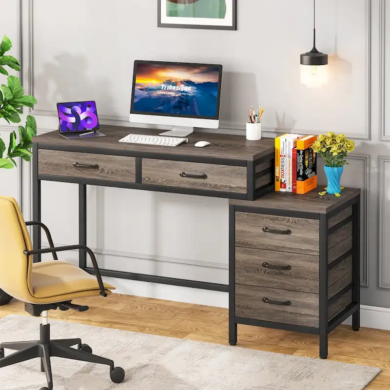 Bureau d'ordinateur à 5 tiroirs, bureau d'étude avec caisson de rangement réversible pour bureau à domicile